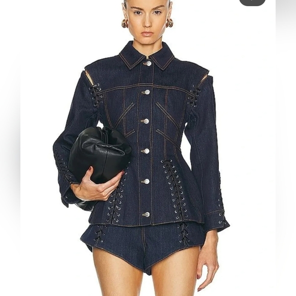 Jackets & Blazers - Lace Up Denim Corset Bustier Peplum Cutout Shoulder Jean Jacket Sydney Sweeney